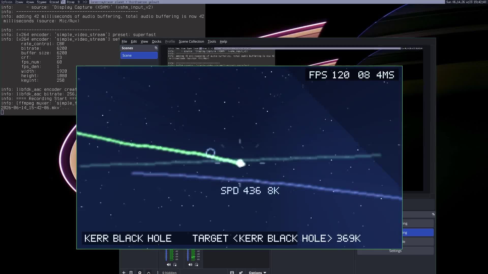 Attached: a naked singularity and another star in a binary orbit. Over 100 fps.