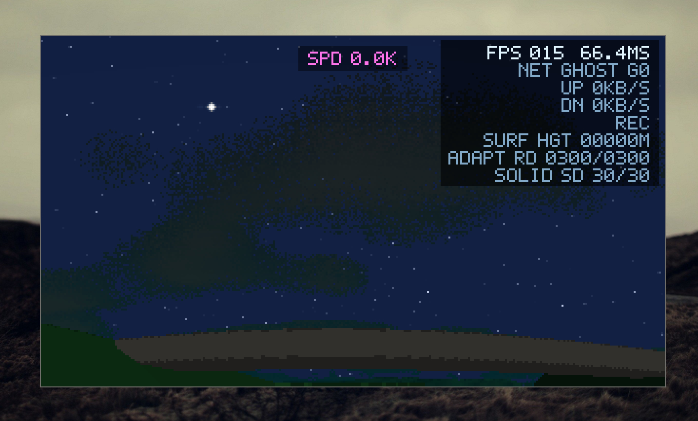 A Linux game scene showing a bridge, a night sky with distant moon, and clouds. It runs at 15fps