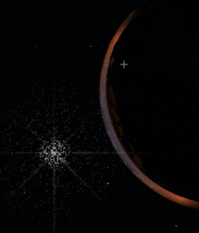 A strange star, represented in an unnatural green. Atmo scatter in red and orange over a planet in shadow.